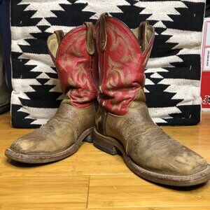 Double H Square Toe Western Boots Mens 7.5 (Womens 9) Red Tan Distressed Leather